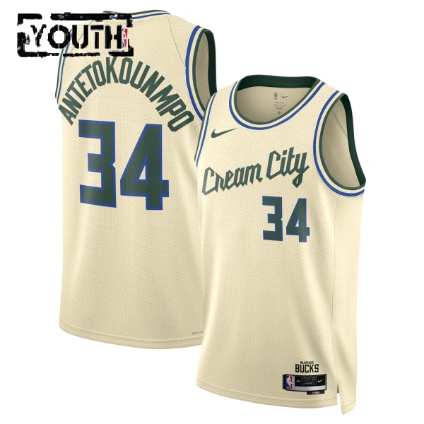 Camiseta Milwaukee Bucks Giannis Antetokounmpo City Edition 2025-26 Blanco Swingman para Niño Camiseta Milwaukee Bucks Giannis Antetokounmpo City Edition 2025-26 Blanco Swingman para Niño