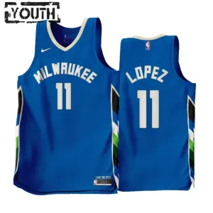 Camiseta Milwaukee Bucks Brook Lopez 11 City Edition 2022-23 Azul Swingman para Niño