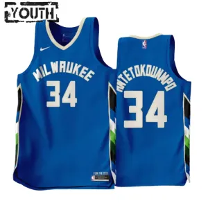 Camiseta Milwaukee Bucks Giannis Antetokounmpo 34 City Edition 2022-23 Azul Swingman para Niño