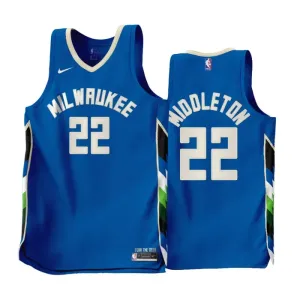 Camiseta Milwaukee Bucks Khris Middleton 22 City Edition 2022-23 Azul Swingman para Hombre