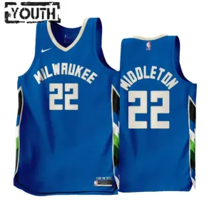 Camiseta Milwaukee Bucks Khris Middleton 22 City Edition 2022-23 Azul Swingman para Niño