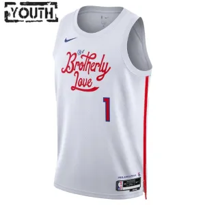 Camiseta Philadelphia 76ers James Harden 1 City Edition 2022-23 Blanco Swingman para Niño