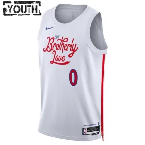 Camiseta Philadelphia 76ers Tyrese Maxey 0 City Edition 2022-23 Blanco Swingman para Niño
